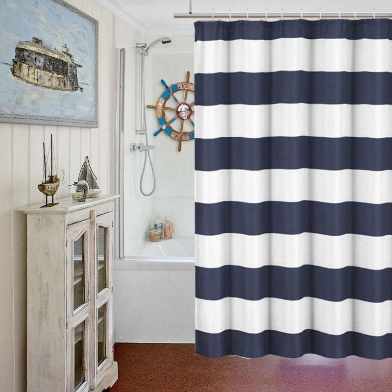 Photo 1 of Fabric Shower Curtain: Nautical Stripe Design (Navy and White) 70" W x 72" L
