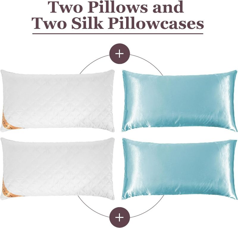 Photo 2 of (READ FULL POST) Bed Pillows Include 2 Silk Pillowcases Queen King Size, Set of 2, Cooling Hotel Pillow Quality, for Back, Stomach or Side Sleepers (Queen, Light Blue) Queen Light Blue