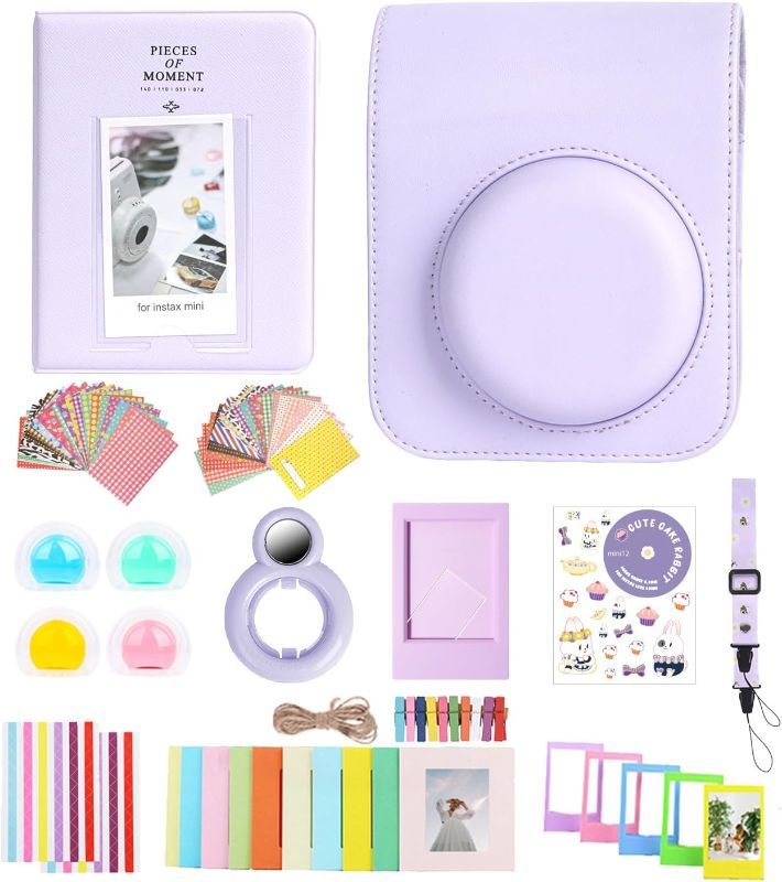 Photo 1 of 12 in 1 Accessories Kit for Fujifilm Instax Mini 12 Instant Camera with Camera Case+Photo Album & Frames+DIY Sticker+Selfie Lens+Wall Hanging Frame+Colored Filter (Lilac Purple)