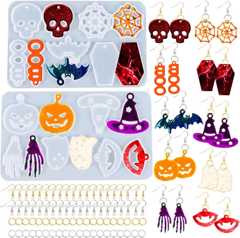 Photo 1 of  82 PCS Halloween Earring Resin Molds with Hole, 10 Pairs Halloween Silicone Molds with 40 Earring Hooks Skull Pumpkin Bat Spider Earring 3 pack * nonrefundable bundle * 
