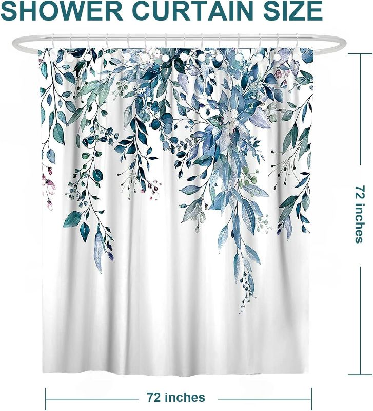 Photo 3 of (NON-REFUNDABLE) Blue and White Shower Curtain,Watercolor Eucalyptus with Floral on White Background Fabric Showers Curtain for Bathroom,72x72 Inches Extra Long Shower Curtain Set with Hooks