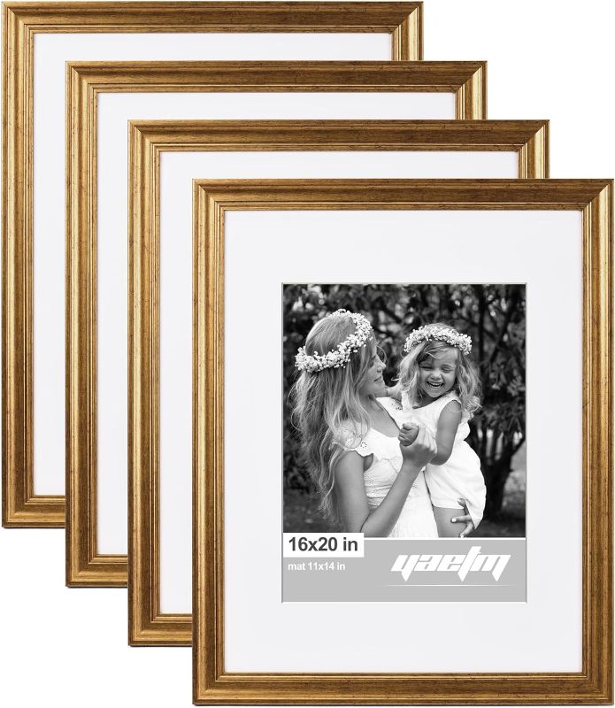 Photo 1 of ***USED - ONE OF THE FRAMES IS DAMAGED - SEE PICTURES***
16x20 Gold Picture Frame Matted to 11x14 Set of 4, 1.4" Wide Molding & Rustic Golden Frames 16 x 20 inches, Wall Gallery Frame Set for Wall Mounting (4 pack, Gold)