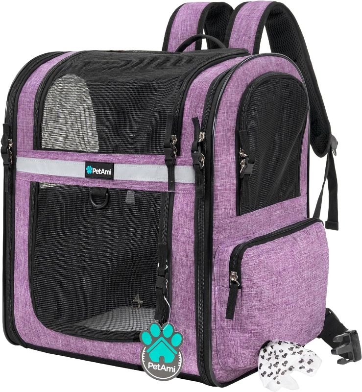 Photo 1 of ***USED - DIRTY - NO PACKAGING***
PetAmi Dog Backpack Carrier For Small Large Cat, Pet, Puppies, Ventilated Pet Hiking Backpack Travel Bag, Airline Approved Cat Backpack Carrier, Safety Back Support, Camping Biking, Max 18 lbs, Purple