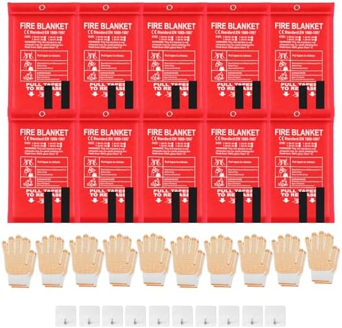 Photo 1 of 10 Pack Emergency Fire Extinguisher Blankets with Fireproof Gloves and Hooks for Home