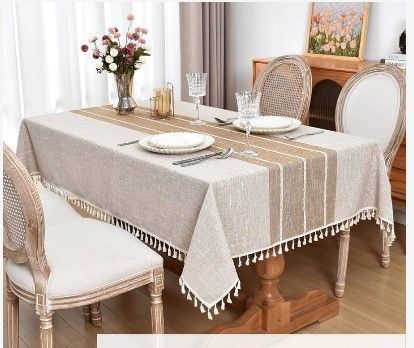 Photo 1 of 1 Pack Linen Tablecloth Rectangular 55x70 Inch-Farmhouse Boho Table Cloth for 6 Foot Rectangle Tables, Fabric Neutral Burlap Rustic Water Repellent Embroidery Table Cover for Dining, Party