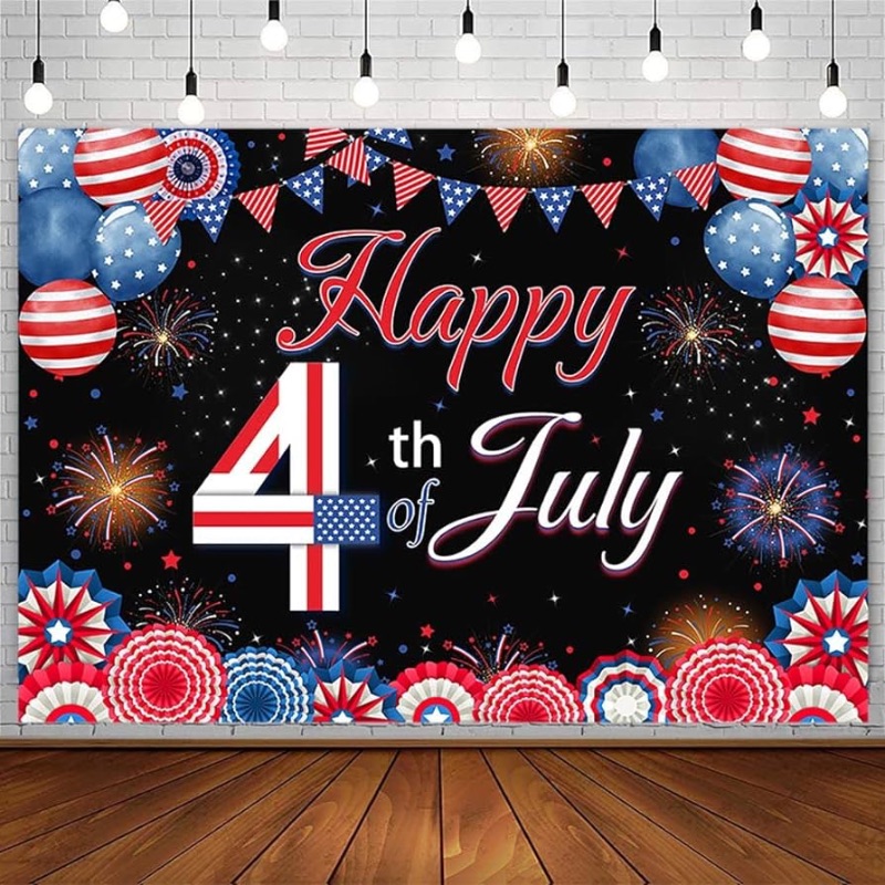 Photo 1 of 7x5ft 4th of July Backdrop Independence Day Theme Party Photography Background Patriotic Decorations with Fireworks American Flag Star Stripe Balloon Photography Background Shoot Props