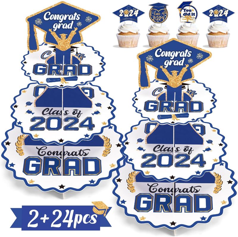 Photo 1 of 2 Set Graduation Decorations Class of 2024 Blue and Gold Cupcake Stand,3-Tier Cardboard Congrats Grad Tower Plus 24 Cake Toppers Party Supplies Decor(Assembly Needed)