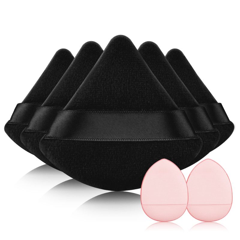 Photo 1 of NON-REFUNDABLE PACK OF 2. EVAOUXIU 6 Pieces Triangle Powder Puffs & 2 Pieces Makeup Sponges with a Travel Case, Individually Wrapped Velour Cotton Makeup Puff for Loose Powder Body Powder (Black) 6 Black & 2 Sponge