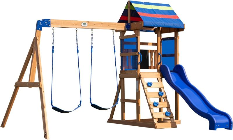 Photo 1 of Backyard Discovery Buckley Hill Wooden Swing Set, Made for Small Yards and Younger Children, Two Belt Swings, Covered Mesh Fort with Canopy, Rock Climber Wall, 6 ft Slide Green