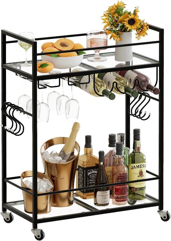 Photo 1 of *STOCK PHOTO FOR REF* Bar Carts for The Home Bar Serving Cart,Wine Cart with with Wheels,2 Tiers Mobile Beverage Drink Wine Rack Bar Cart with Wine Rack and Glass Holder for Home Kitchen Dining Living Room and Christmas Pa
