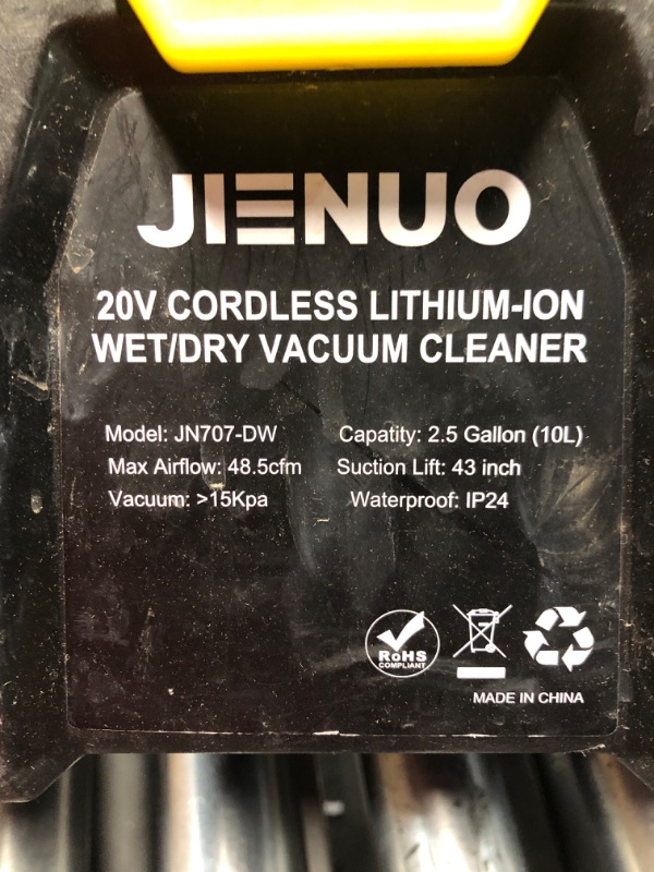 Photo 3 of ***NON-REFUNDABLE, PARTS ONLY, NON-FUNCTIONAL****
JIENUO Cordless Wet/Dry Vacuum Compatible with Dewalt 20V Max Battery, Brushless 2.5 Gallon HEPA Filter Shop Vac, Portable Shop Vacuum for Home, Car, and Workshop (Battery NOT Included)