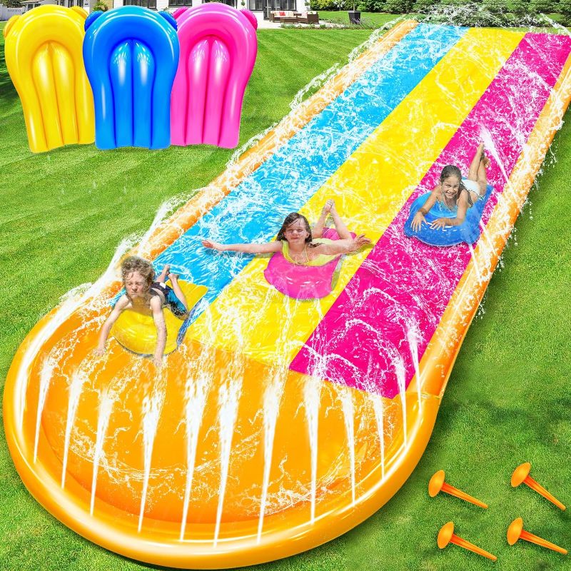 Photo 1 of [ 3 Sided Safe Fence ] Extra Width Triple Slip Water Slide with 3-Way Sprinklers, Backyard Lawn Water Slides and 3 Bodyboards with Handle, Summer Outdoor Water Fun Toys for Kids Adults,16Ft x 7Ft