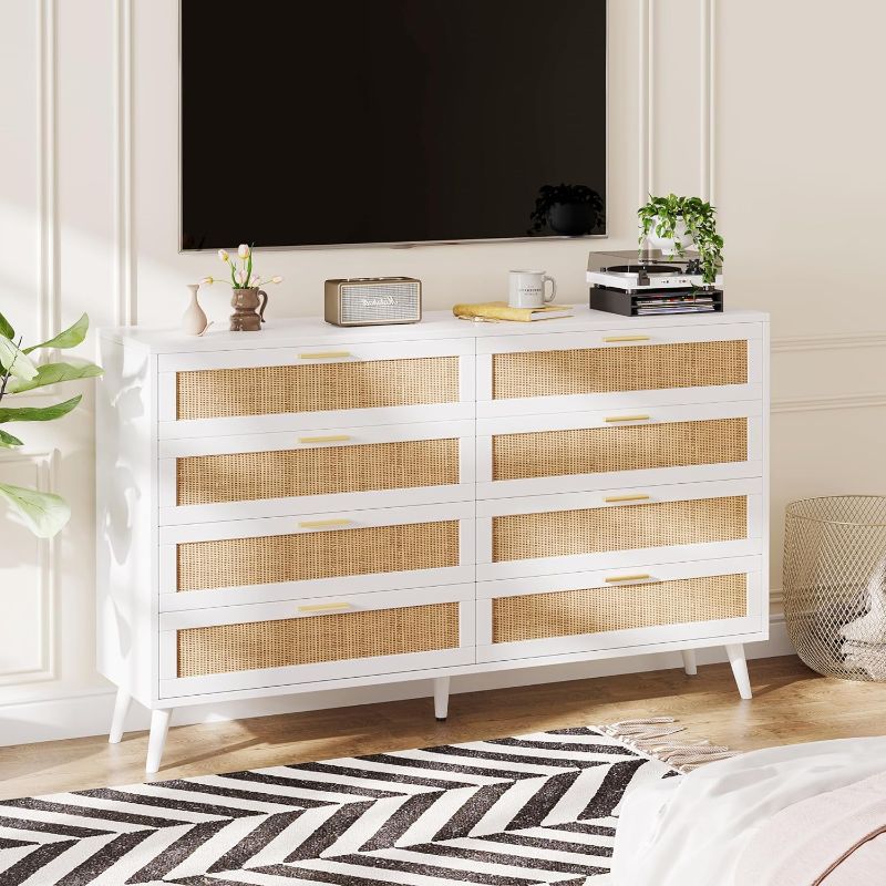 Photo 1 of *****STOCK IMAGE FOR SAMPLE*****
8 Drawer Double Dresser for Bedroom, Rattan Chest of Dressers, Modern Wooden Dresser Chest with Golden Handles, Beside Table for Closet, Living Room - White