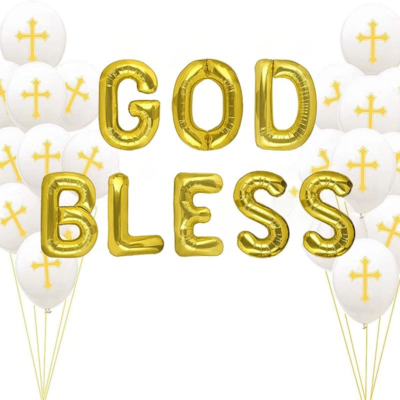 Photo 1 of (2 PACK) LaVenty Set of 11 Gold God Bless Balloons Cross Balloons God Bless Banner Baptism Decor Baptism Balloons
