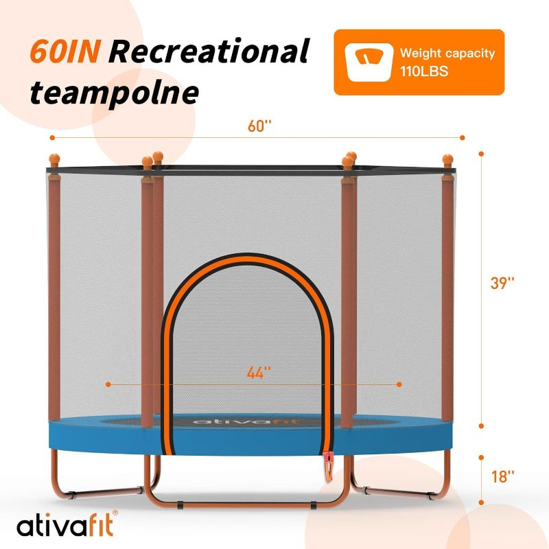 Photo 4 of (READ FULL POST) Ativafit 60'' Rebounder Trampoline Indoor Outdoor for Kids Ages 1-8, 5 FT Recreational Toddler Trampoline with Safety Enclosure Net Gifts with Basketball Hoop Dartboard Ocean Bal
