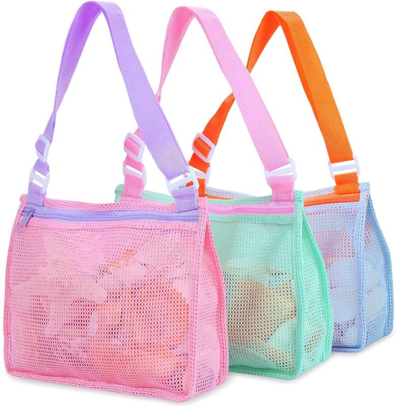 Photo 1 of  Tagitary Beach Toy Mesh Beach Bag Kids Shell Collecting Bag Beach Sand Toy Seashell Bag Swimming Accessories for Boys and Girls(Only Bags,A Set of 3)
