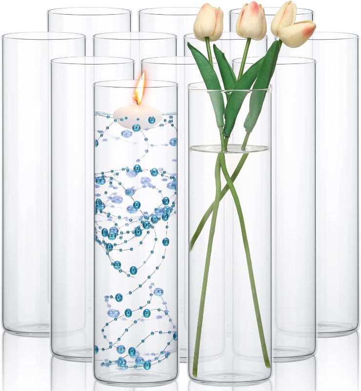 Photo 1 of 12 Pack Glass Clear Cylinder Vases Tall Floating Candle Holders Centerpiece Table Vases for Home Wedding Decorations Formal Dinners (12 x 3.35 Inch)