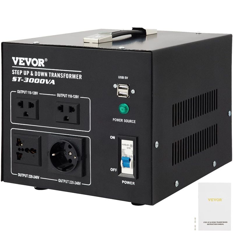 Photo 1 of VEVOR Voltage Converter Transformer,3000W Heavy Duty Step Up/Down Transformer Converter(240V to 110V, 110V to 240V),2 US&1 UK&1 Universal Outlet with Circuit Break Protection,5V USB Port,CE Certified