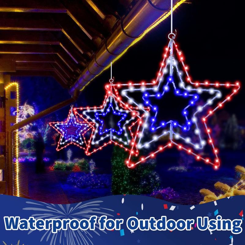 Photo 1 of 4th of July Decorations, 2Pack 14.2 Inch Red White and Blue Iron Frame Star Lights 220 LED Patriotic Window Decoration Lights with Remote, 8 Modes&USB Powered for Fourth of July Memorial Day Decor