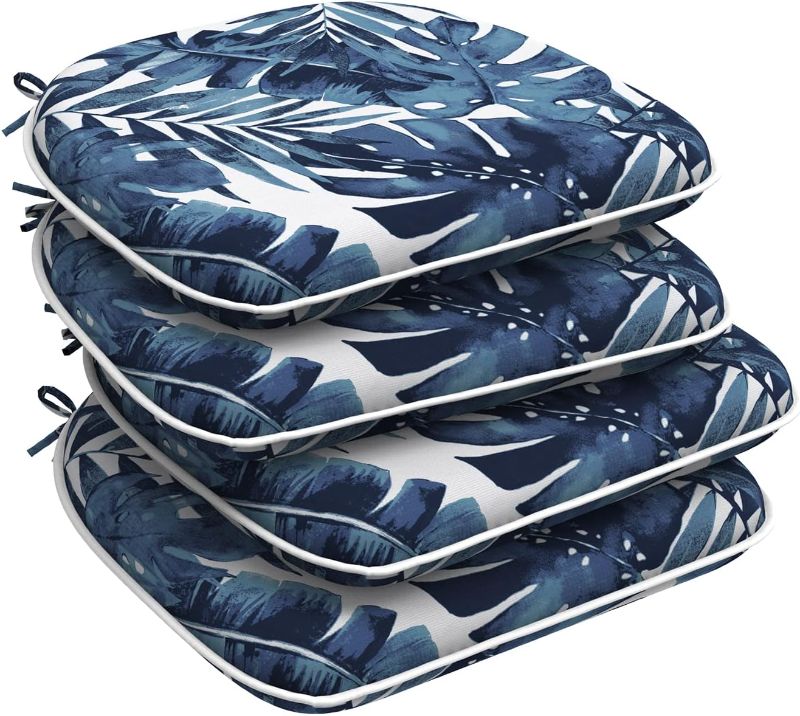 Photo 1 of Set of 4 Outdoor Chair Cushions with Ties,Water Repellent Patio Chair Pads 17"x 16" for Outdoor Furniture,Round Corner Seat Cushions for Garden Yard Kitchen Palm Blue