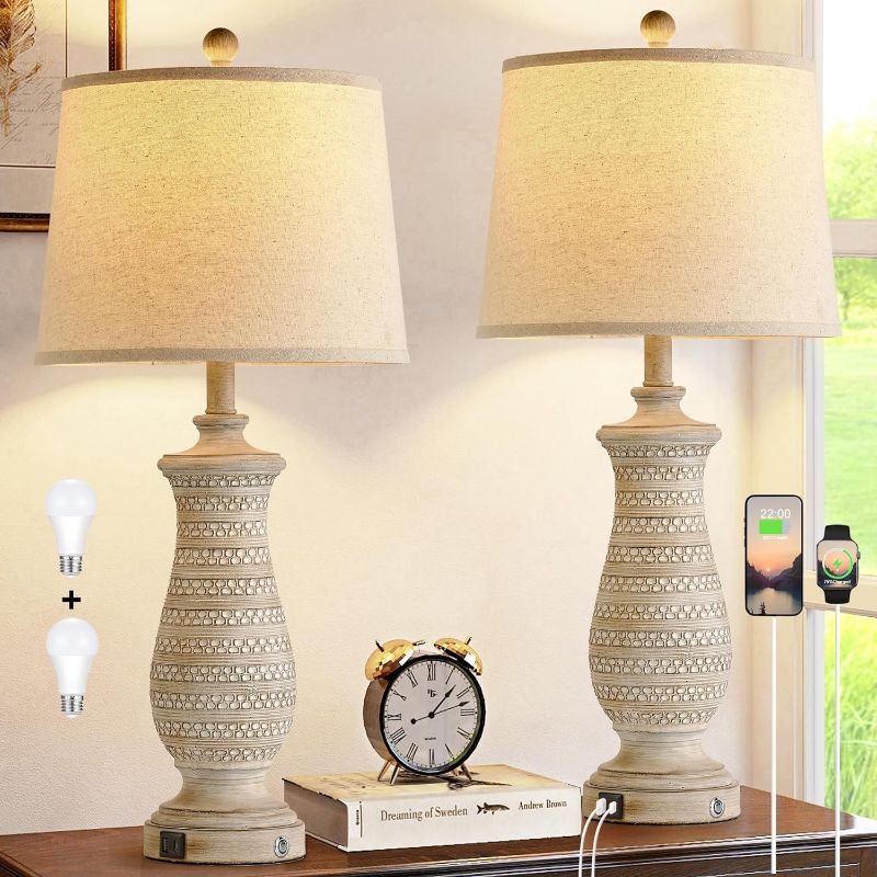 Photo 1 of **missing 1 lamp***Farmhouse Table Lamps for Living Room Set of 2, Touch Lamps for Nightstand with Dual USB Charging Port, Bedside Table Lamp for Bedroom