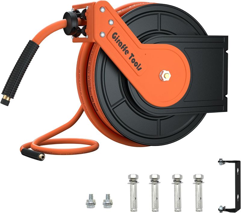 Photo 1 of Giraffe Tools TA15BPLUS Retractable Air Hose Reel with Swivel Bracket 3/8" x 50 ft Hybrid Hose, Ceiling/Wall Mounted Heavy Duty Industrial Air Compressor Hose Reel, 300PSI, 50ft