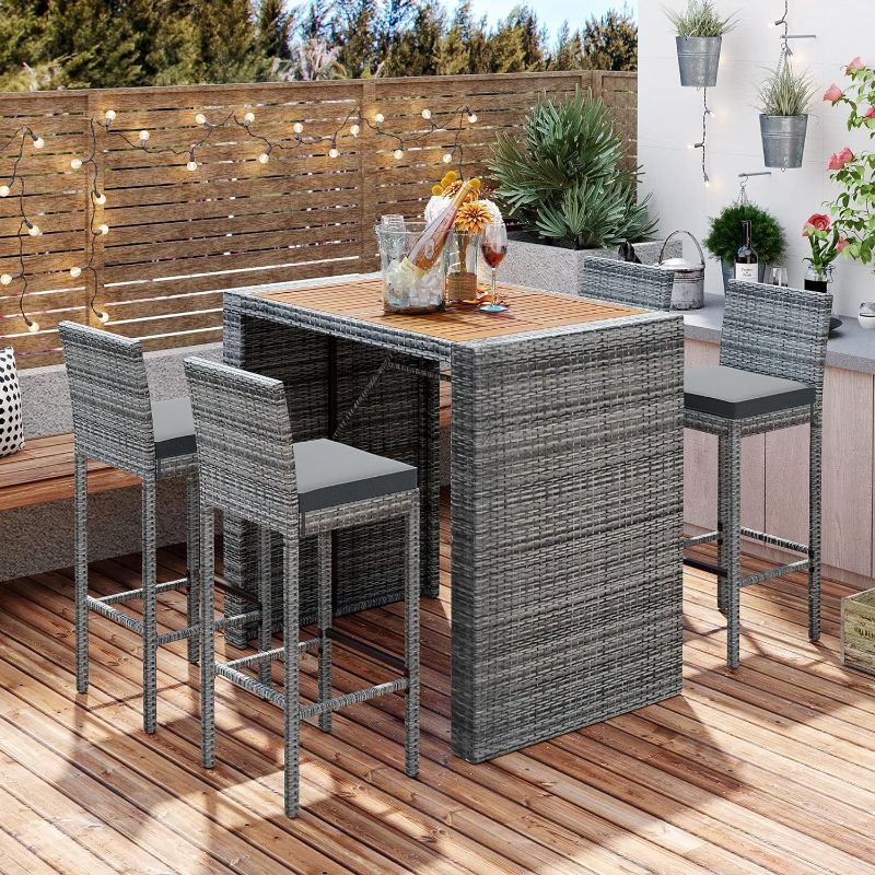 Photo 1 of ***NONREFUNDABLE - NOT FUNCTIONAL - FOR PARTS ONLY - SEE COMMENTS***
5 Pieces Outdoor Patio Wicker Bar Set Bar Height Chairs with Nonslip Feet and Fixed Rope, Removable Cushion, Wood Table Top