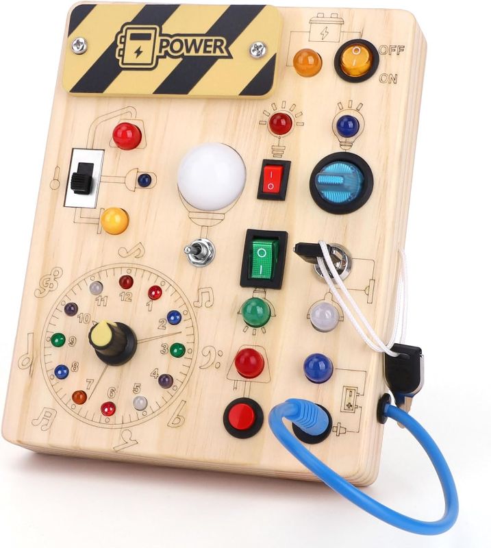 Photo 1 of **USED** READ NOTES**
Montessori Toys Clock Wooden Busy Board with 11 LED Light switches, Tooddler Toys Sensory Toys Travel Toys for 1+ Year Old Baby and Toddler
