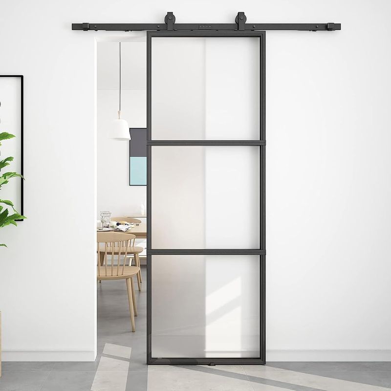 Photo 1 of BARNSMITH 30in x 84in Frosted Glass Barn Door with 5FT Top Mounted Hardware kit Include Soft Close Mechanism Black Carbon Steel Tempered Frosted Glass Sliding Door
