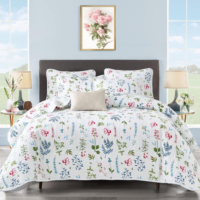 Photo 1 of ******STOCK IMAGE FOR SAMPLE*****
COMFORTER IS A DIFFERENT COLOR AND PATTERN-SEE PICTURES, Queen Size UOZZI BEDDING 3 Piece Reversible White Quilt Set Queen Size with Blue Green Leaves and Red Flowers Soft Microfiber Lightweight Floral Adult Summer Coverl