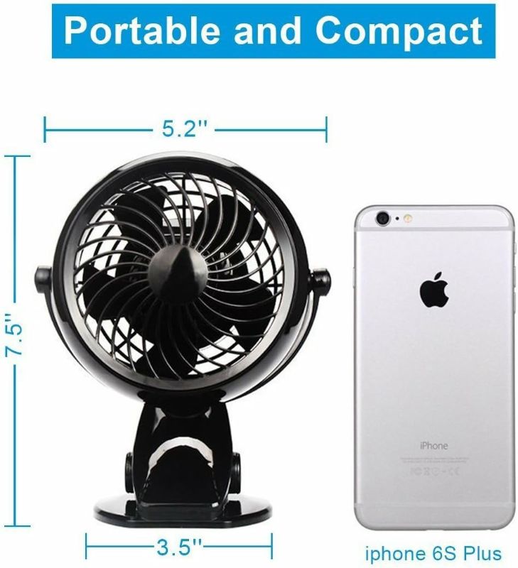 Photo 3 of (READ FULL POST) Gazeled Clip on Fan Battery Operated, 360° Rotation, with 8 Free AA Batteries, Quiet USB or Battery Operated Fan, 5'' Portable Battery Powered Clip on Fan for Camping, Stroller, Bedroom, Outdoor Black