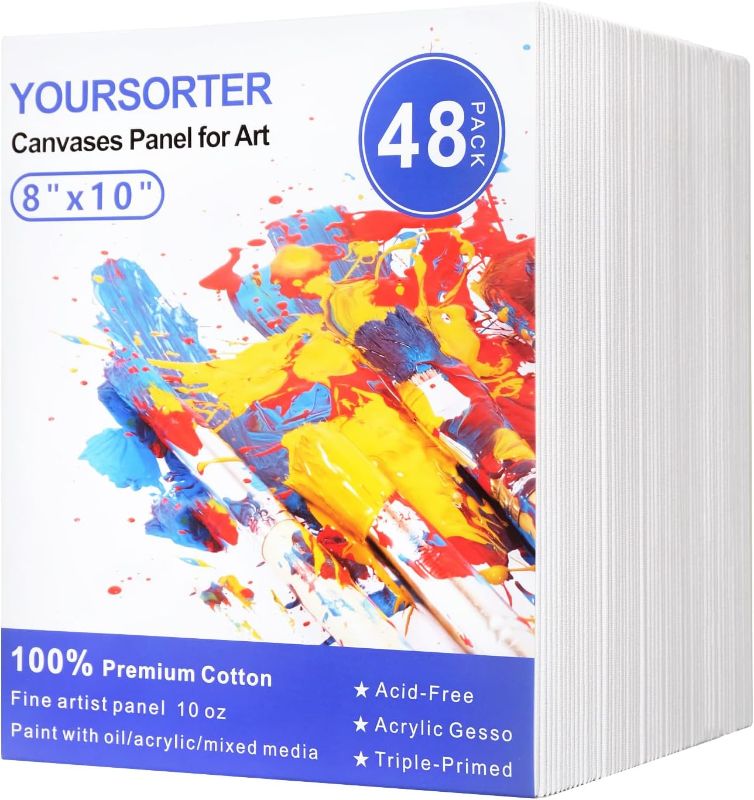 Photo 1 of (MINOR DAMAGE/ SEE NOTES) Canvases for Painting 48 Pack, 8x10 inch Blank Painting Canvas Boards for Painting Supplies, Primed Acid-Free 100% Cotton Canvas Panels for Acrylic Oil Tempera Watercolor Paints, Art Supplies
