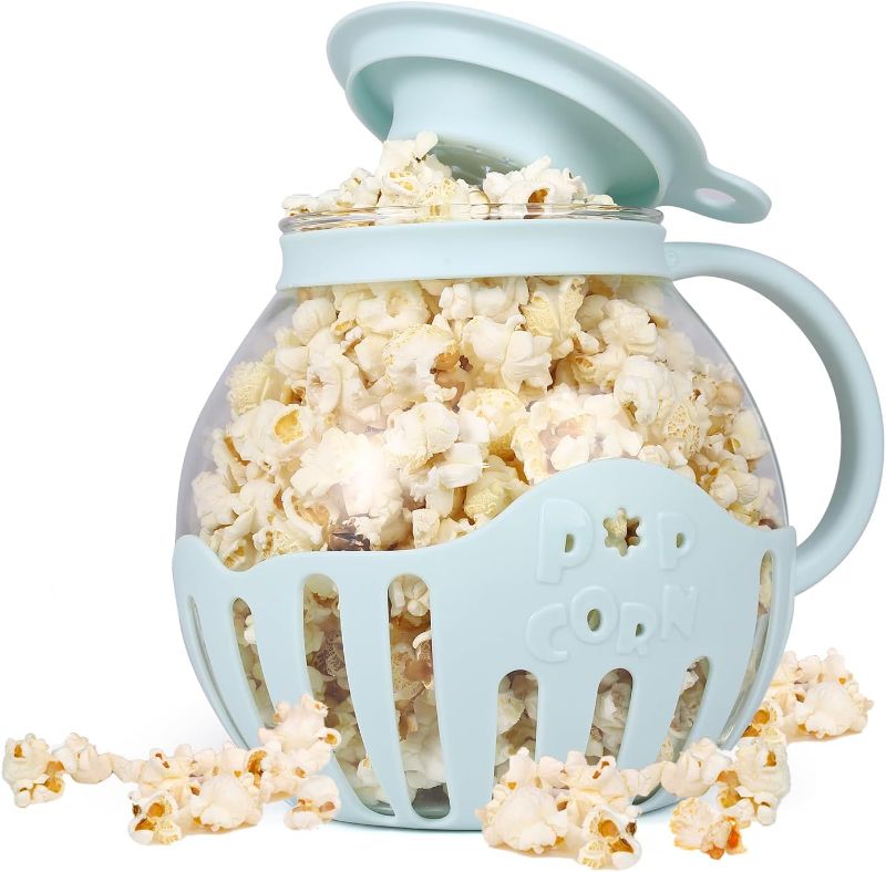 Photo 1 of  Glass Microwave Popcorn Popper, 2.25QT Original Popcorn Jar with Silicone Lid, Without BPA, Dishwasher Safe- Blue
