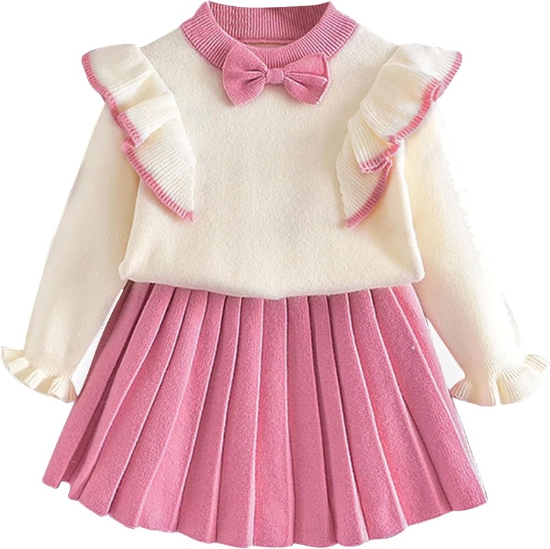 Photo 1 of  Size (4-5 years) Toddler Baby Girls Fall Outfits Long Sleeve Knitted Sweater Tops Pleated Mini Skirt Set Autumn Winter Clothes Set