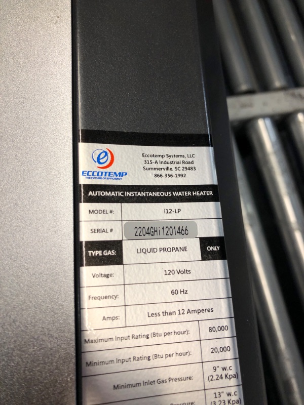 Photo 3 of **UNABLE TO FULLY TEST**
Eccotemp i12 Series 4-GPM 80000-BTU Indoor Liquid Propane Tankless Water Heater