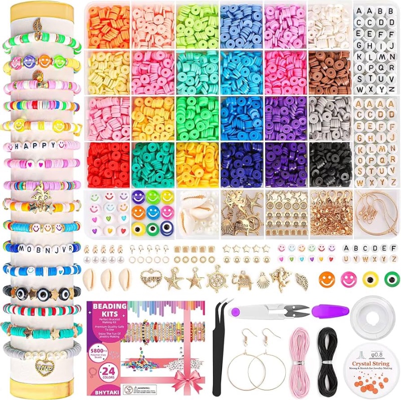 Photo 1 of 5800 PCS Clay Beads Bracelet Making Kit, 24 Colors Flat Preppy Beads