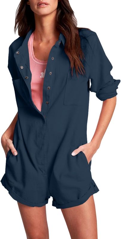 Photo 1 of Cicy Bell Women's Casual Long Sleeve Rompers Button Down Shirts Multi-Pockets Utility Shorts Women Jumpsuit Navy