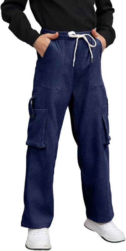 Photo 1 of Boys Corduroy Cargo Pants Drawstring Elastic Waist Straight Leg Trousers for Kids 12-13