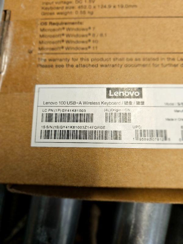 Photo 3 of **UNABLE TO TEST**
Lenovo 100 Wireless Keyboard – Spill Resistant Keys – 3-Zone Keyboard – Compact Design – Black Keyboard Only