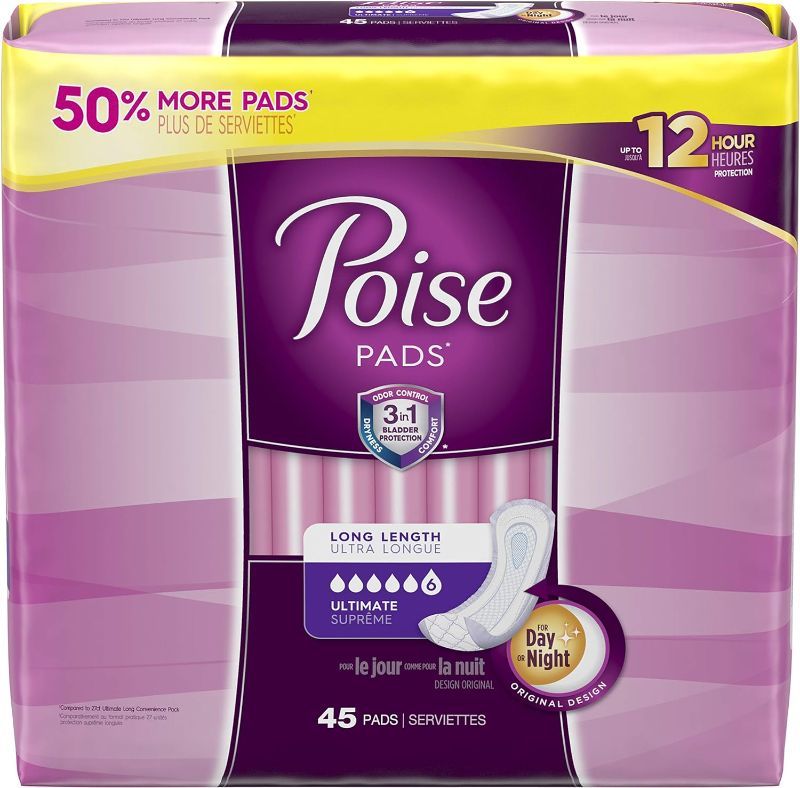 Photo 1 of Poise Incontinence Pads, Long, 45 Count