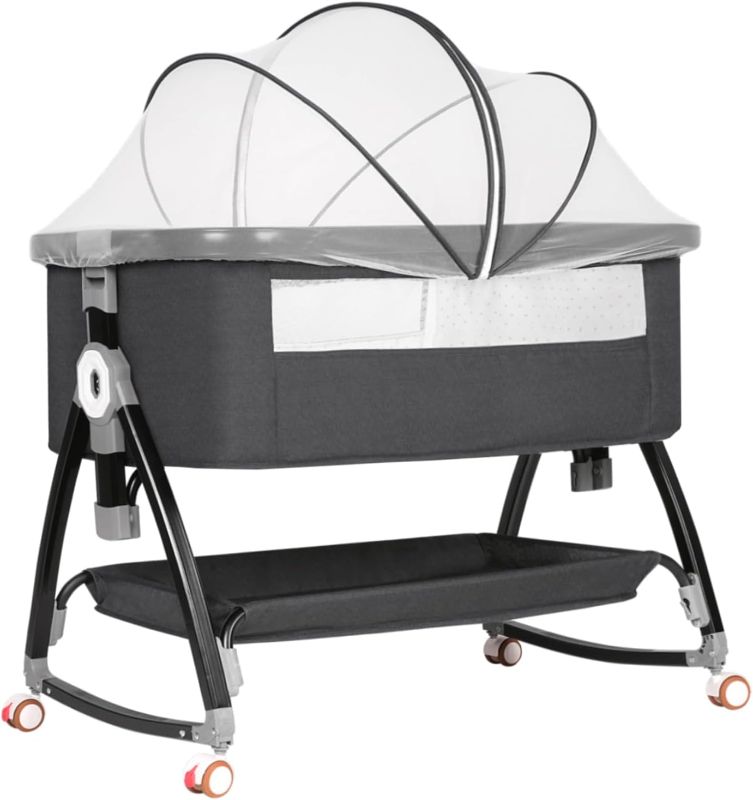 Photo 1 of Baby Bassinet Bedside Sleeper, Bedside Bassinet for Baby, 3 in 1 Bedside Crib with Adjustable 6 Height, Portable Bassinet for Newborn/Infant, Baby Bassinet with Wheels/Storage Basket/Mosquito Net