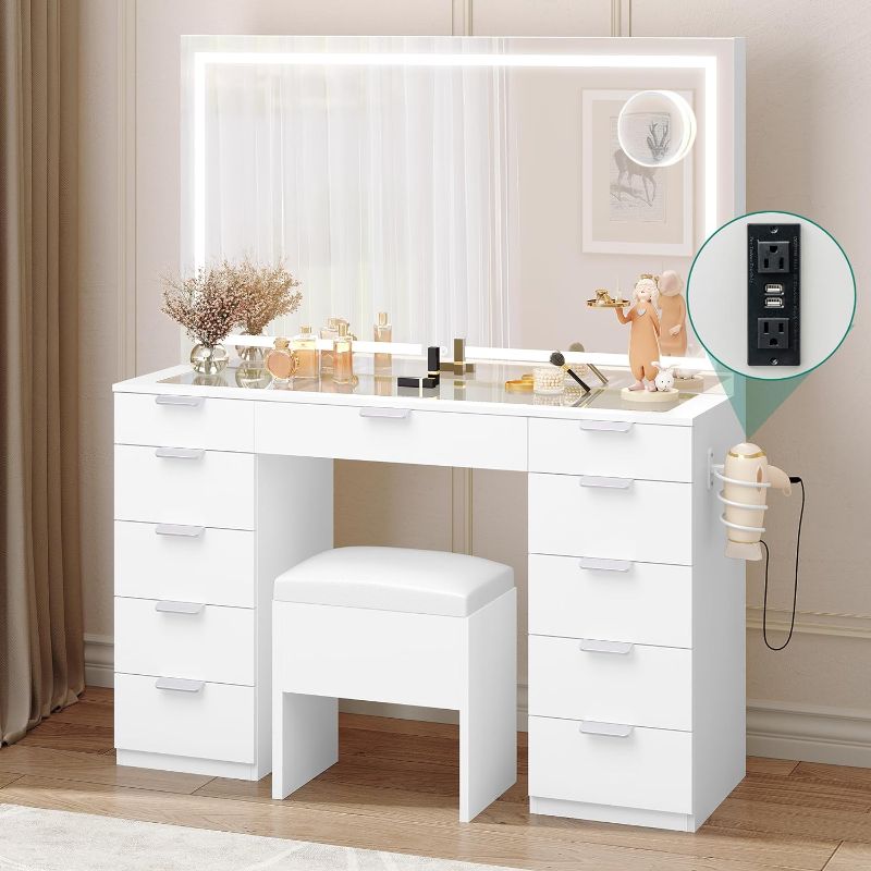 Photo 1 of **READ NOTES***YITAHOME Vanity Desk Set with Large LED Lighted Mirror & Power Outlet, Glass Top Vanity with 11 Drawers and Magnifying Glass, 46'' Makeup Vanity with Storage Bench for Bedroom, Pearl-White