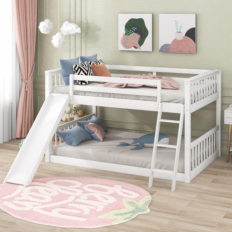 Photo 1 of **BOX 1 OF 2**
Harper & Bright Designs Full Over Full Bunk Bed with Slide and Ladder, Wooden Low Bunk Bed, Kids Floor Bunk Bed Frame - White