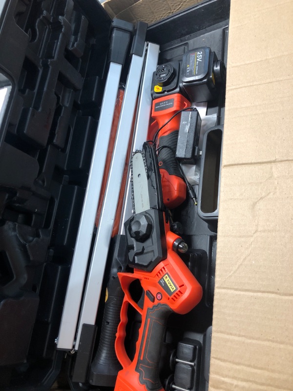 Photo 2 of **USED READ NOTES** 
Cordless Pruning Shears, Electric Pruner with 7.5 Foot High Reach Extension Pole, Tool Belt, 2 Pack Lithium Batteries, SK5 Blades, LCD Display Screen (25V Shears & Chainsaw)