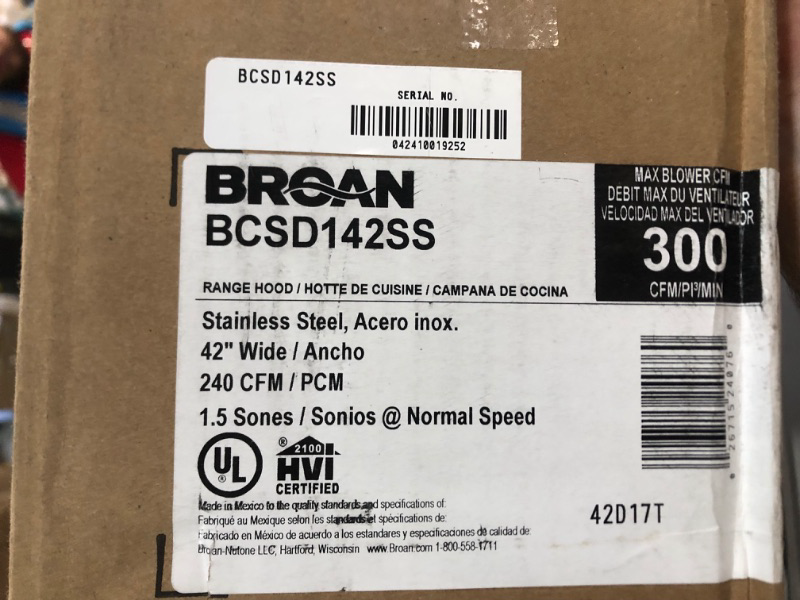 Photo 5 of **MINOR DAMAGE** Broan-NuTone Glacier Range Hood with Light, Exhaust Fan for Under Cabinet, Stainless Steel, 42-inch  *dent on top of hood - see photos*
