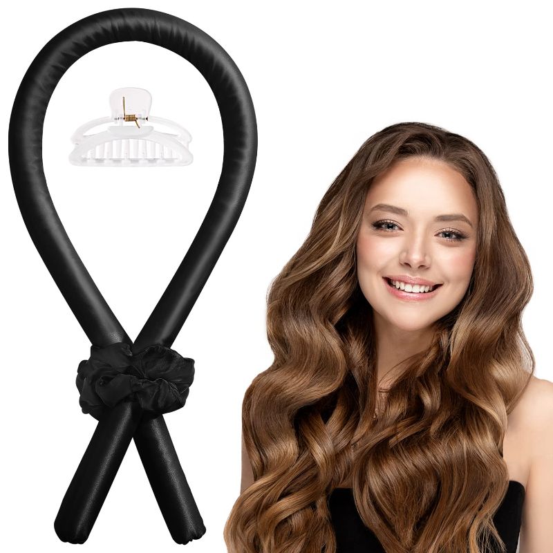 Photo 1 of **PACK OF 2** Colorfarm Heatless Hair Curler for Long Hair, Heatless Curling Rod Headband Satin Curling Set, No Heat Hair Wrap Curler Ribbon to Sleep in Overnight, Hair Roller with Scrunchies Hair Clips, Hairstyles Styling Tools Midnight black