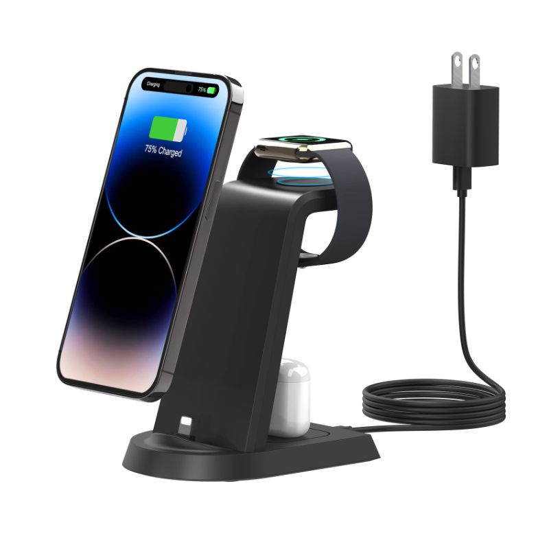 Photo 1 of Charging Station for Apple Multiple Devices,3 in 1 Fast Charging Station Stand for iPhone 14/13/12/11/Pro/Max/Plus,for Airpods,Fast Wireless Charger for Apple Watch 8/7/6/SE/5/4/3/2 with Adapter Black