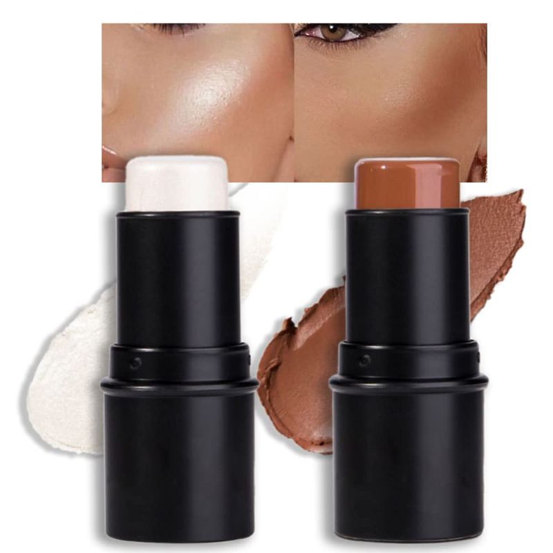 Photo 1 of **2 PACK** evpct 2Pcs Face Cream Contour Sticks Makeup Highlighter Highlight Brown Creme Cheek Contour Sticks contorno en crema Bronzer Bronzing Foundation Stick Kit Powder Shadow Shading Face Contour 05&08 0.42 Ounce (Pack of 1) 2Pcs Highlighter and Bron