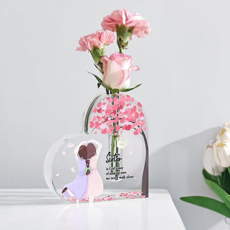 Photo 1 of  Sister Birthday Gift Ideas - Personalized Acrylic Heart Shaped Vase with Warm Words and Lovely Elements
