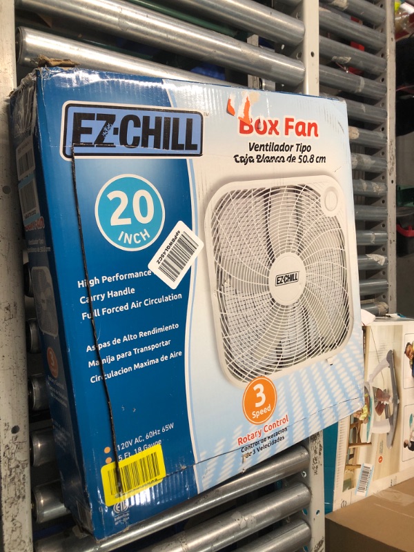 Photo 2 of ***USED - PARTIAL FUNCTIONALITY - SEE COMMENTS***
EZ-CHILL 20" 3-Speed Box Fan with Carry Handle for Full-Force Air Circulation, White, MTNBF20